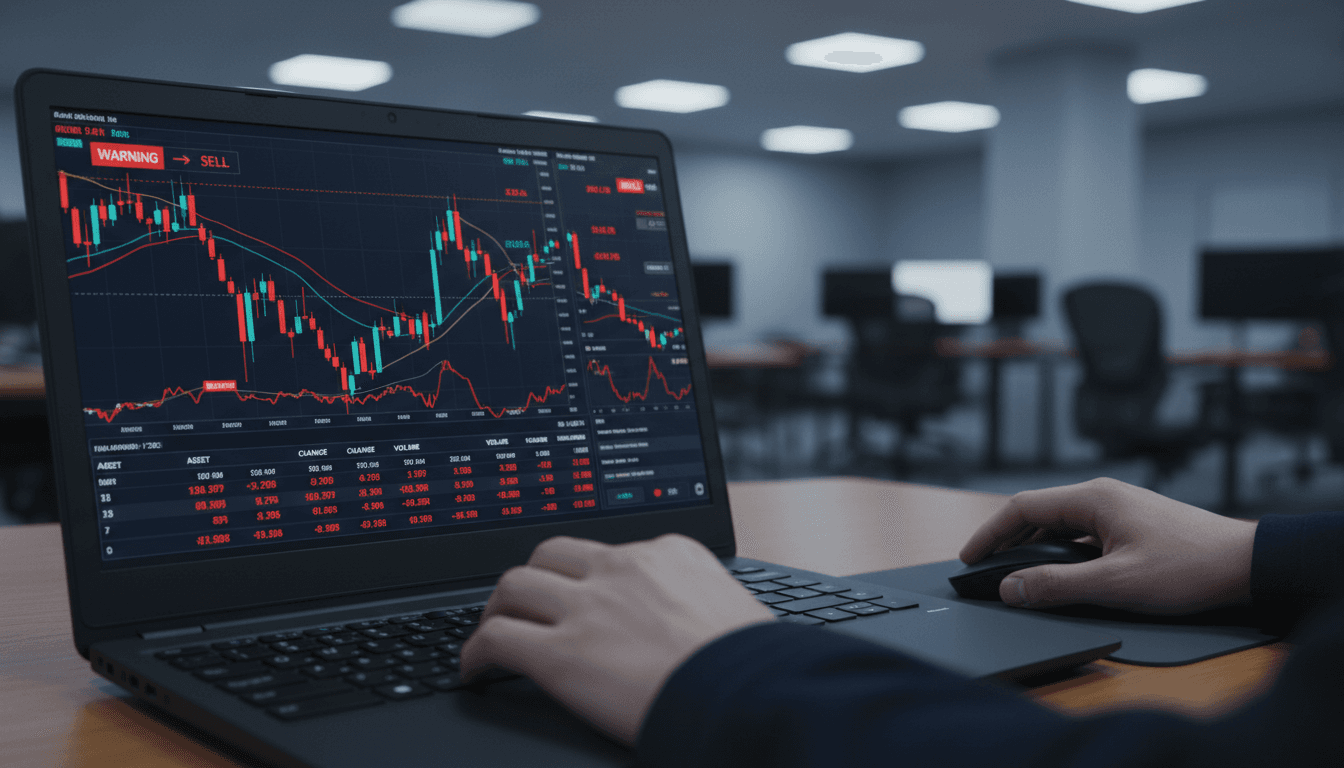 Laptop screen showing trading charts with warning indicators