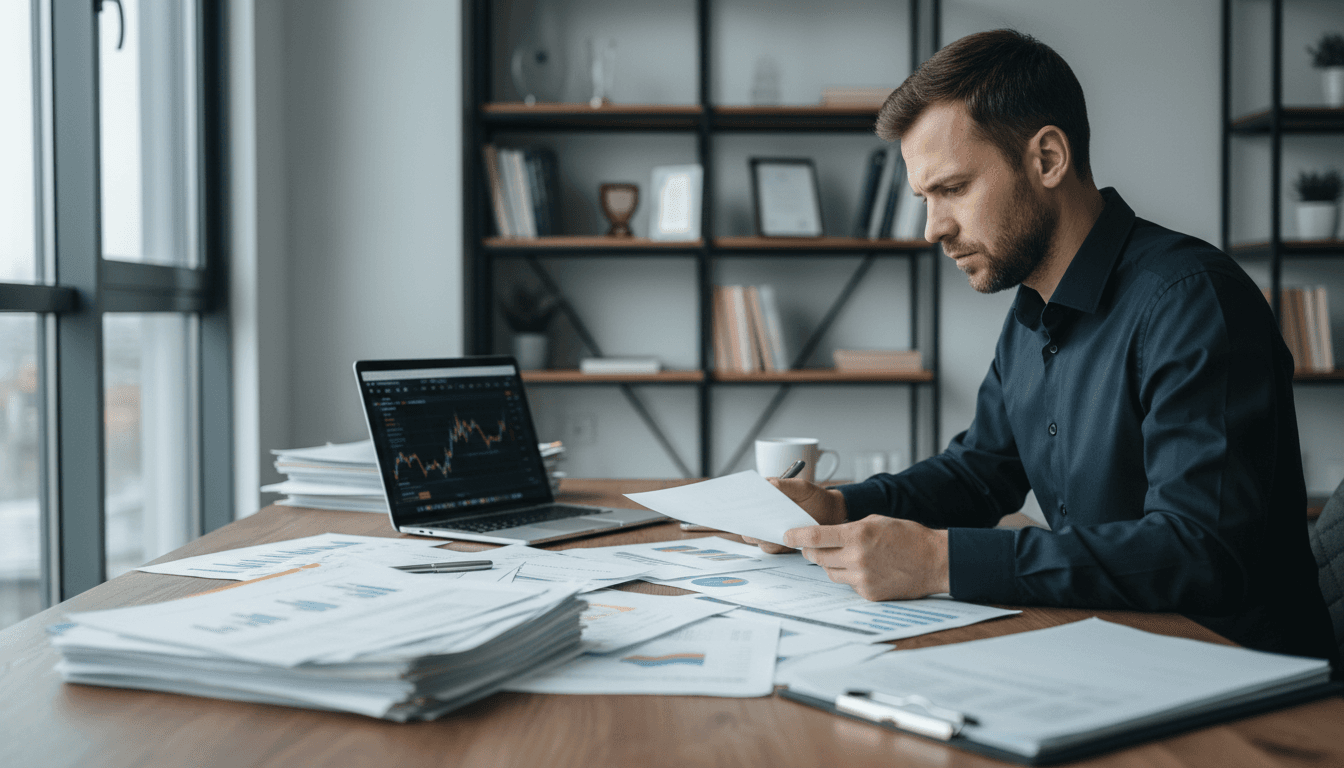 Person reviewing financial documents and trading statements at desk