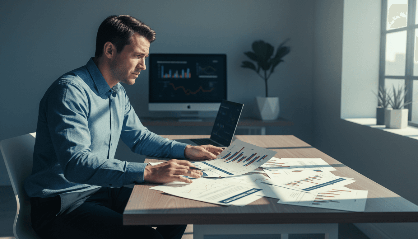 Person carefully reviewing financial documents with concern, examining potential scam evidence