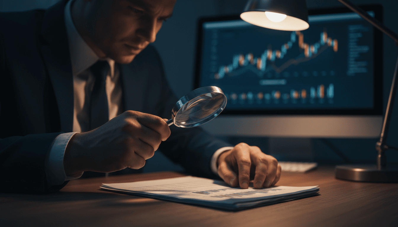 Person carefully reviewing financial documents and statements at a desk under focused lighting