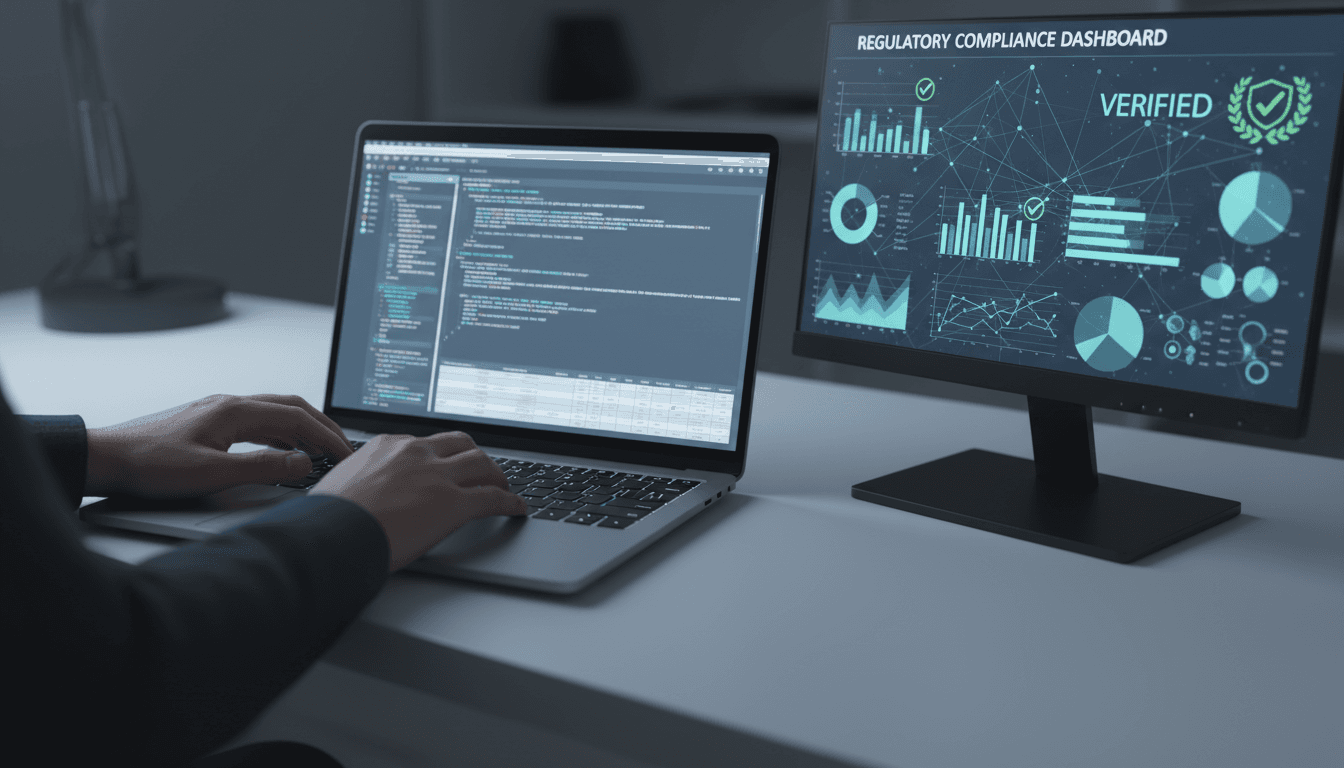 Professional conducting careful research on a laptop computer with verification data displayed