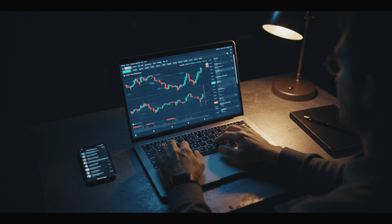 Person typing on laptop with cryptocurrency trading interface visible