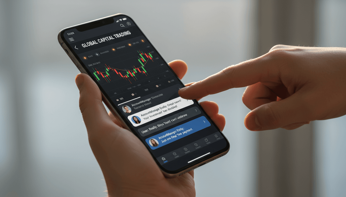 Hand holding smartphone with fake broker app and suspicious account manager messages