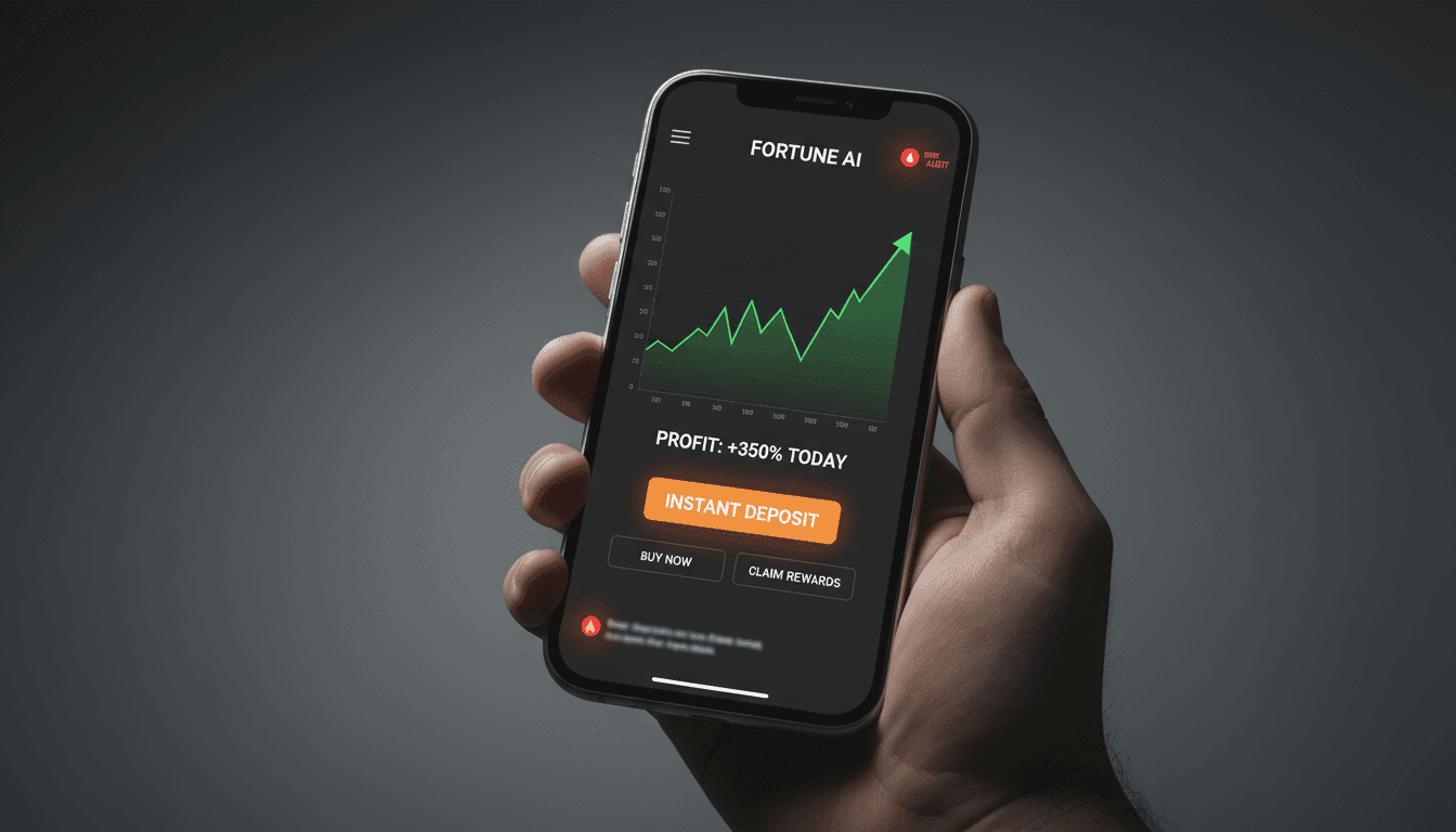 Close-up of smartphone showing fake investment app with fake profit charts