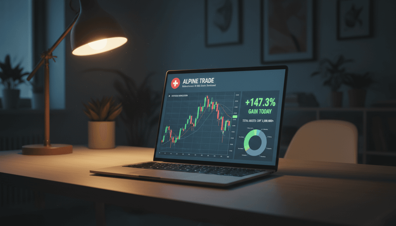 Laptop showing a fake Swiss trading platform with false address claims