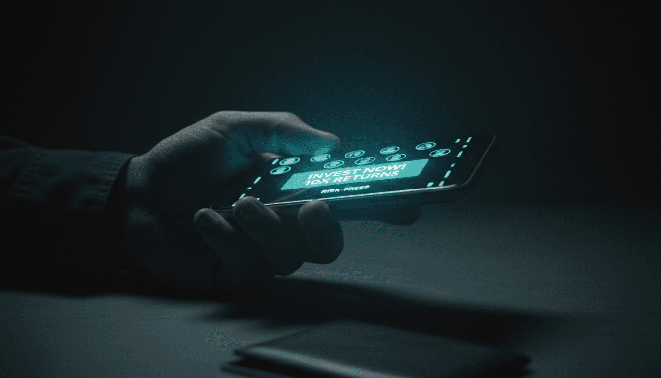 Smartphone displaying social media investment ads in dramatic lighting