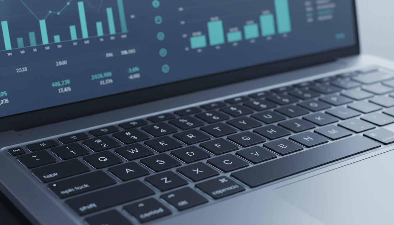 Laptop keyboard with financial dashboard on screen