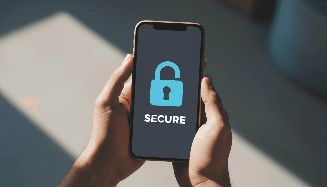 Person holding a smartphone with a secure lock icon displayed on screen