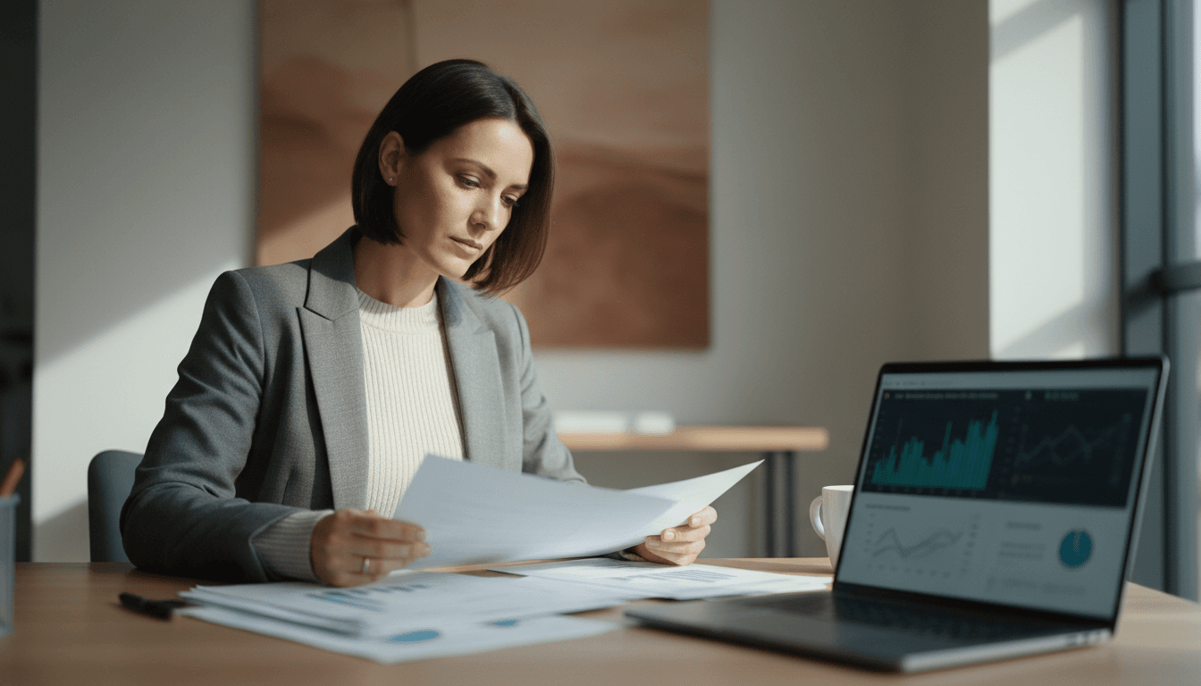 Professional woman reviewing financial documents with focused determination