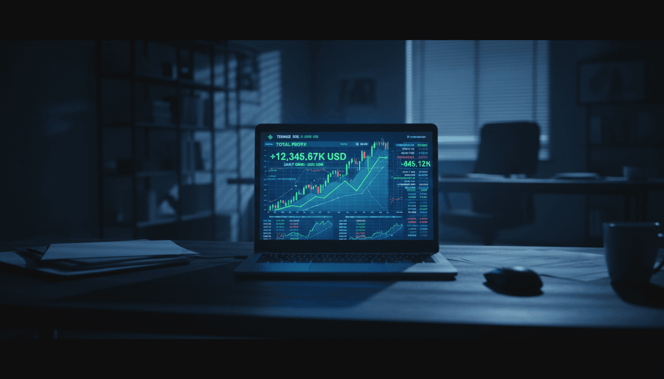 Laptop displaying fake trading dashboard with misleading profit charts