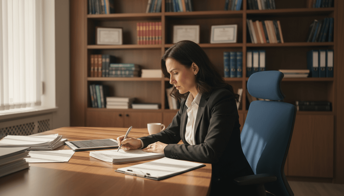 Legal professional reviewing financial documents at desk