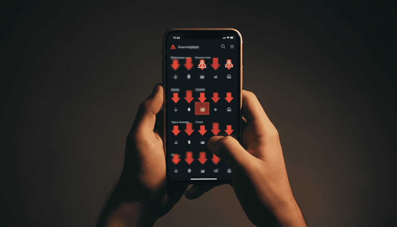 Hands examining a smartphone with a trading platform interface, emphasizing the importance of verification