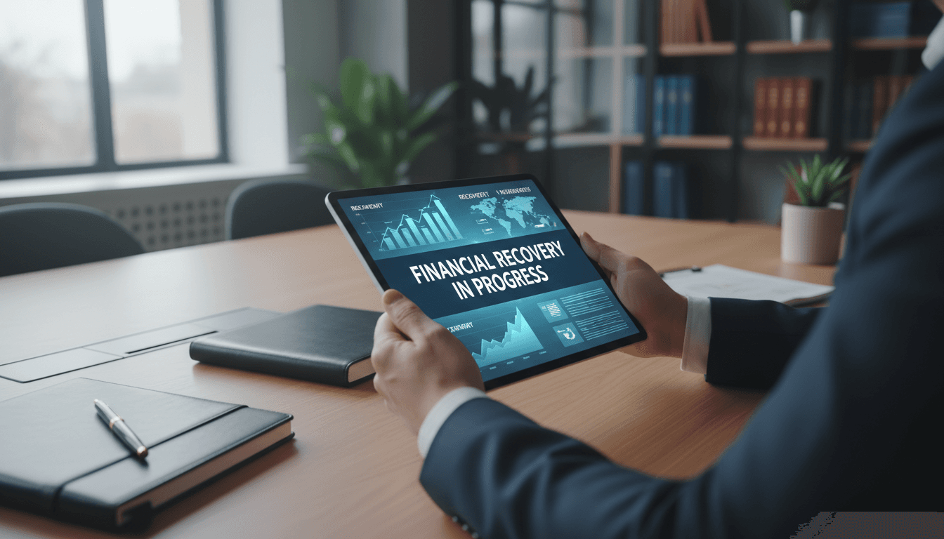 Professional financial recovery guidance with tablet and documents on desk