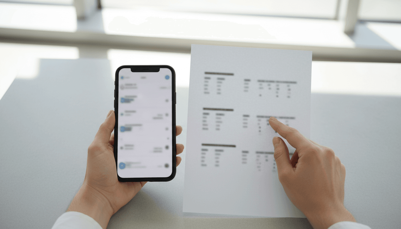 Hands comparing broker information between phone and document