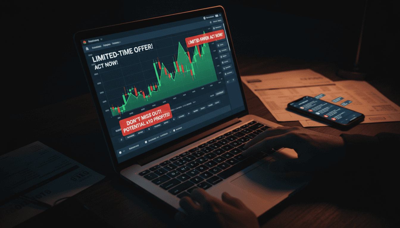 Laptop screen showing fake trading platform with pressure notifications