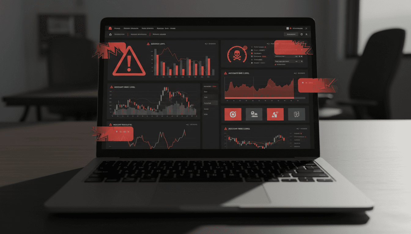 Laptop showing suspicious trading platform with warning alerts