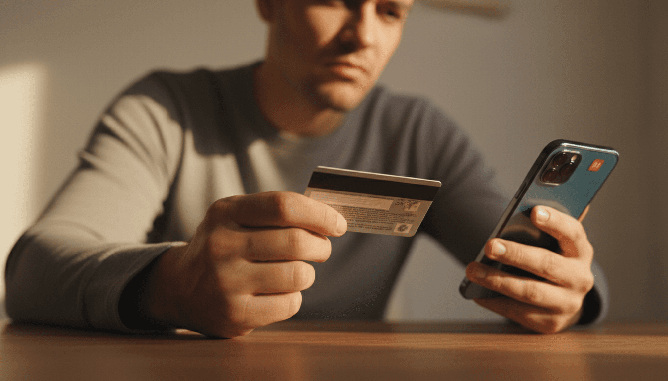 Person hesitating before sending money on phone and credit card