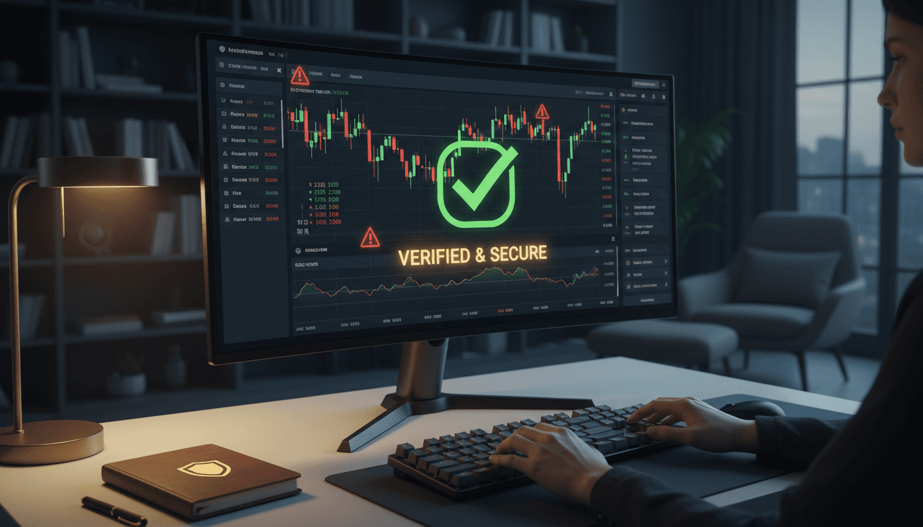 Person carefully reviewing a trading platform on a computer monitor in a secure home office setting