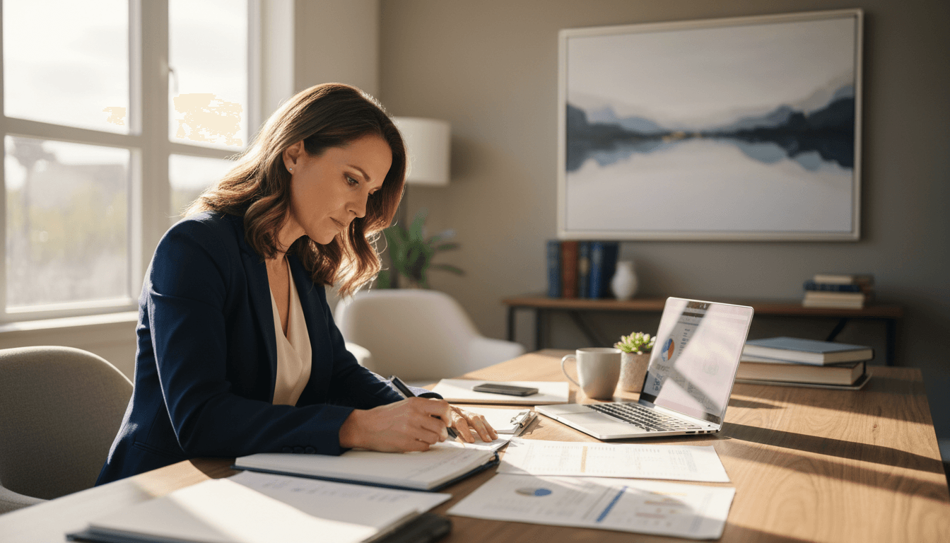 Legal professional reviewing financial documents at desk