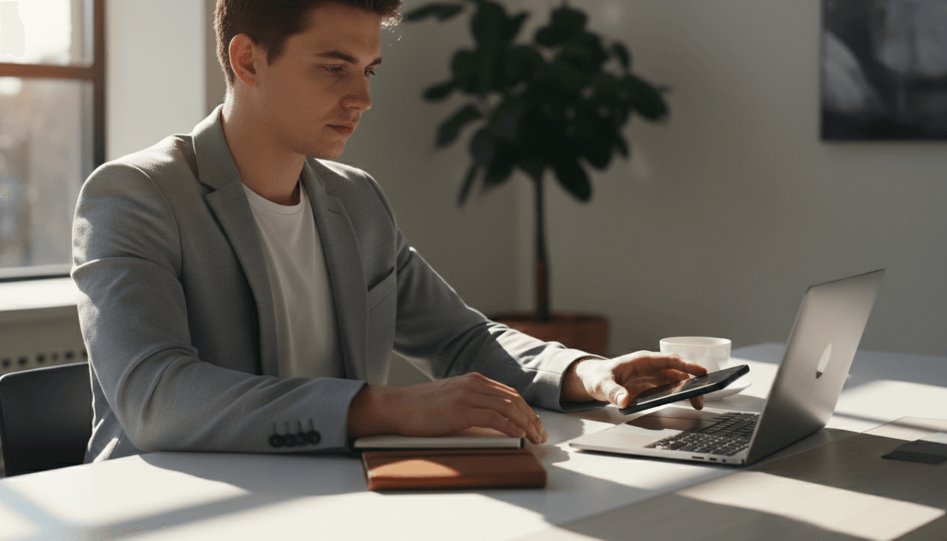 Person taking decisive action by reaching for phone to report financial scam