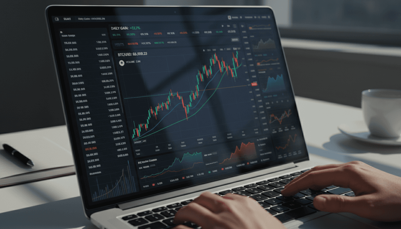Laptop screen showing trading platform dashboard with charts and financial data