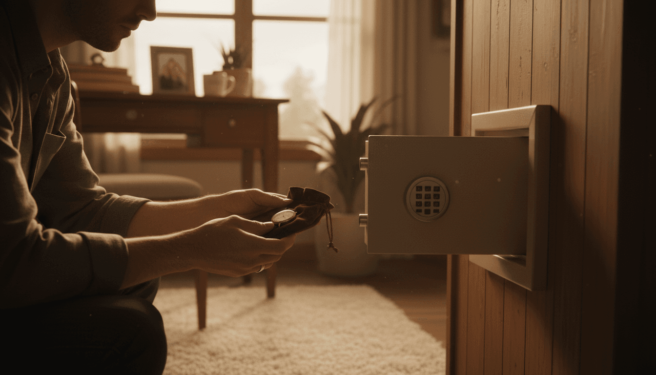 Person securing valuable documents in home safe