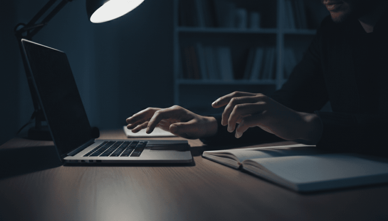 Person thoughtfully reviewing financial information at a desk before making investment decisions