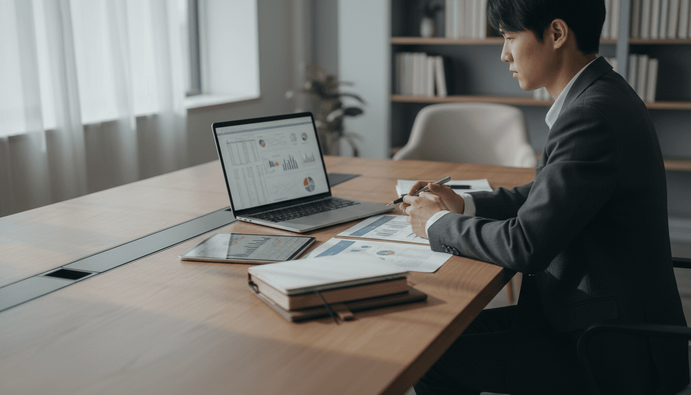 Person carefully reviewing trading platform documentation and research materials at a desk