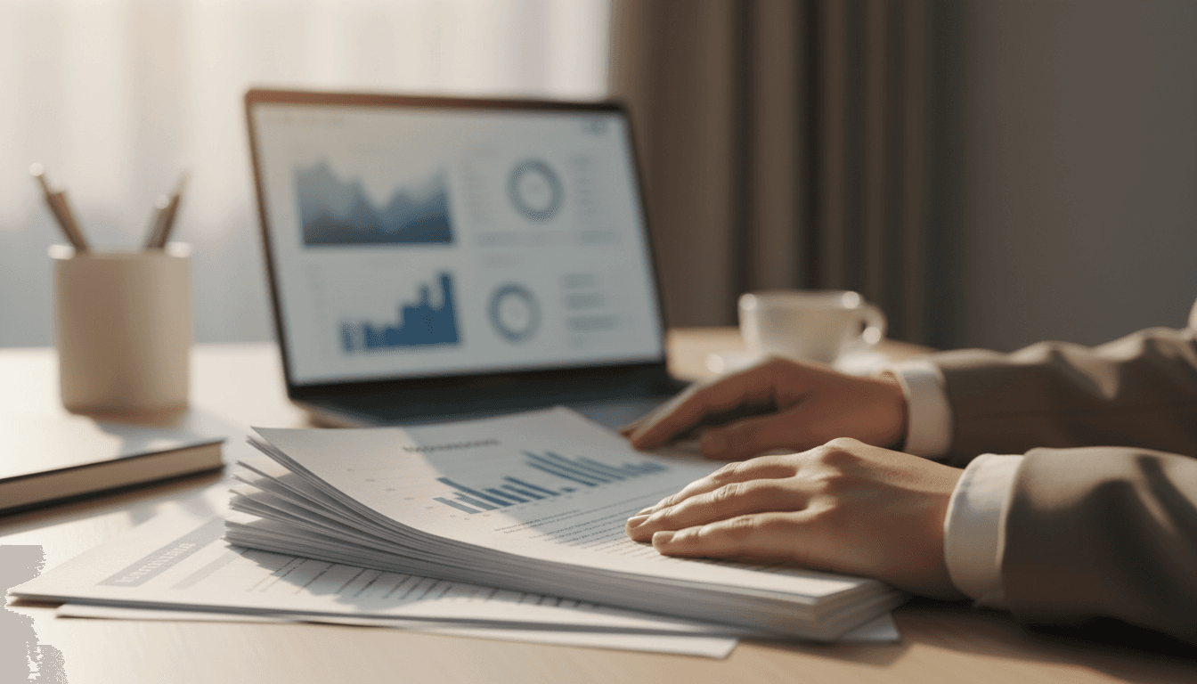 Professional reviewing financial documents and digital data on a laptop