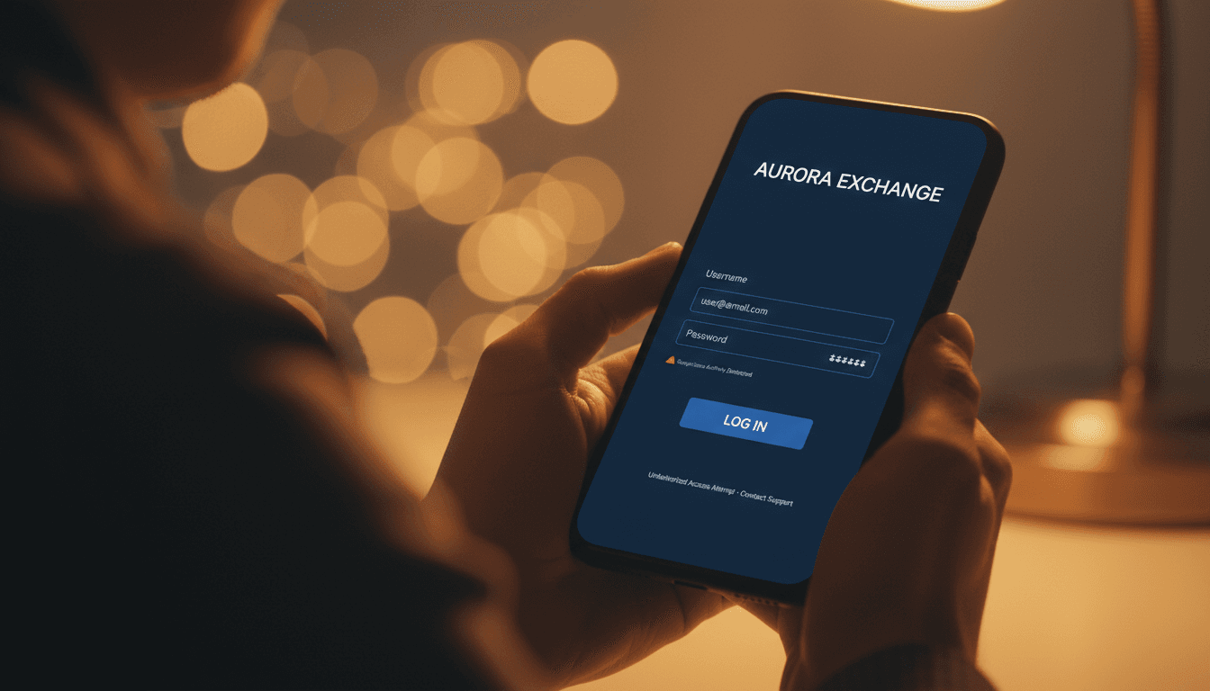 Close-up of smartphone displaying fake cryptocurrency exchange login interface