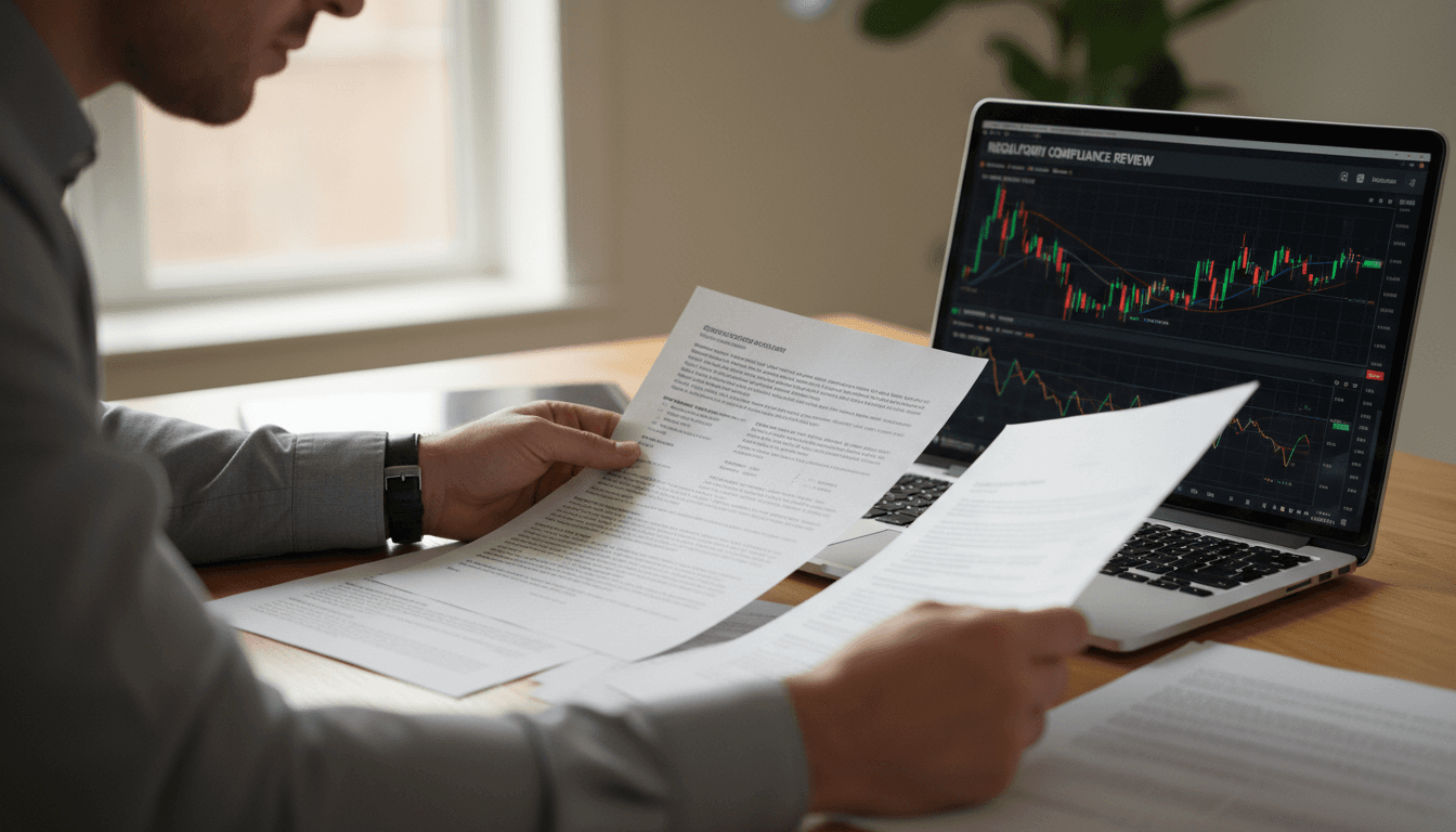Person reviewing trading platform documentation and regulatory information on a laptop