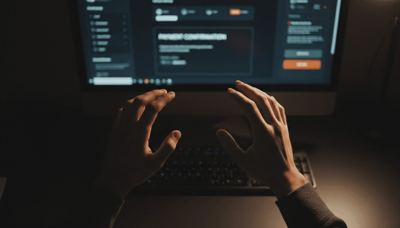 Person pausing before entering payment information on a computer screen