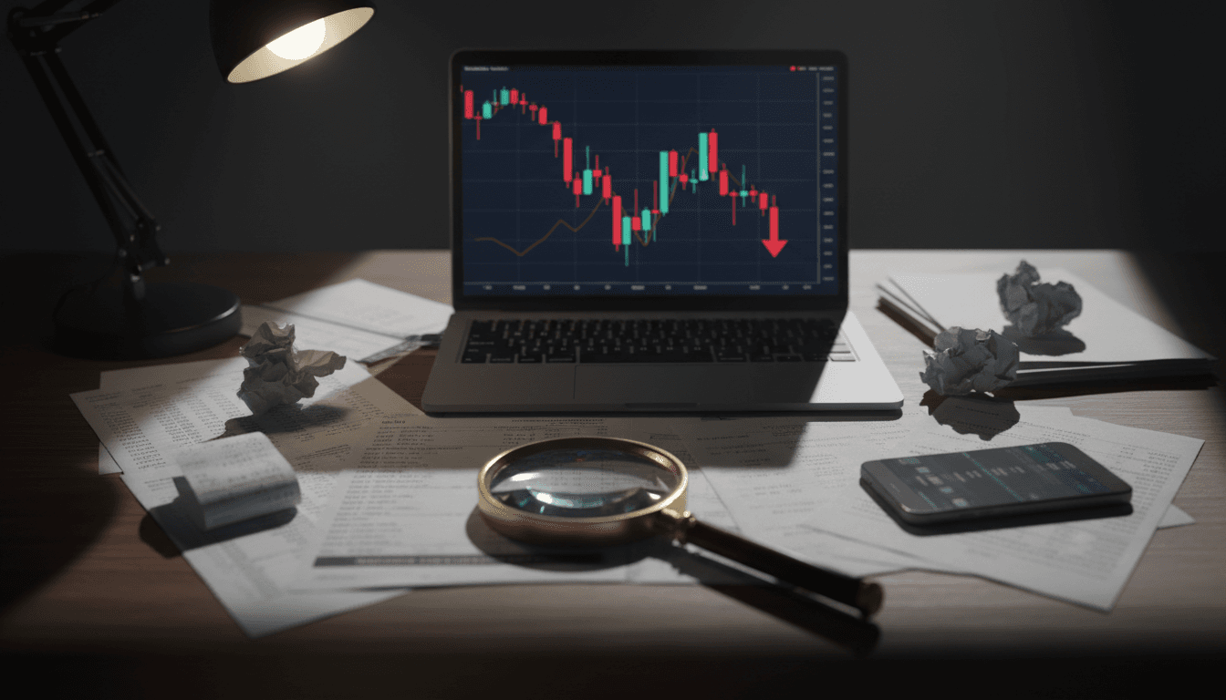 Trading scam investigation documents and evidence on desk