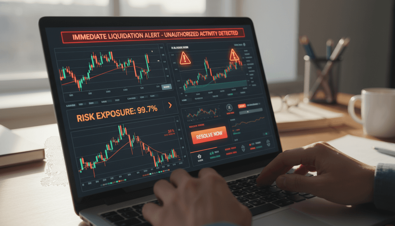 Laptop screen showing suspicious cryptocurrency trading dashboard with warning indicators